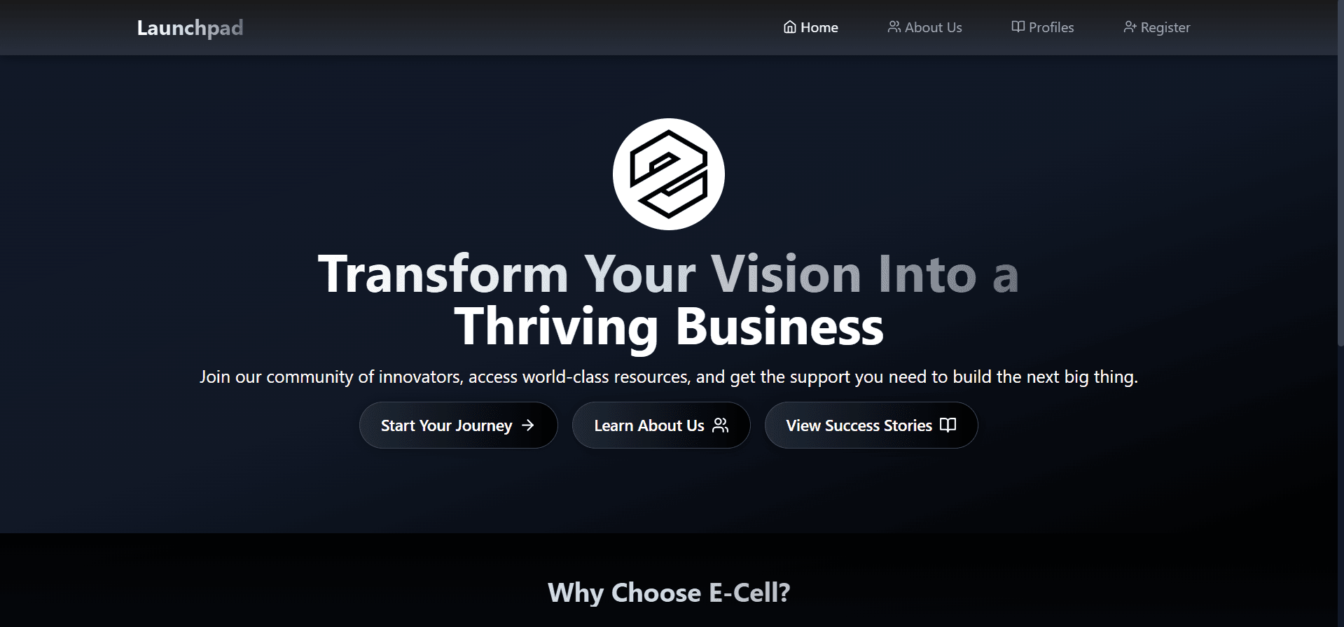 E-Cell Launchpad homepage.
